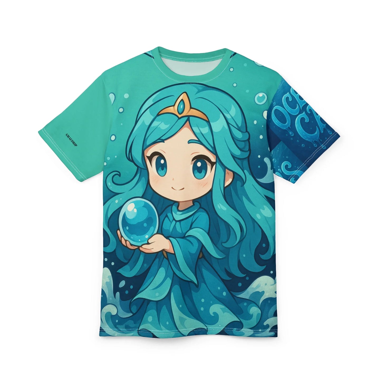 A blue and teal t-shirt with a cartoon water nymph holding a blue sphere.