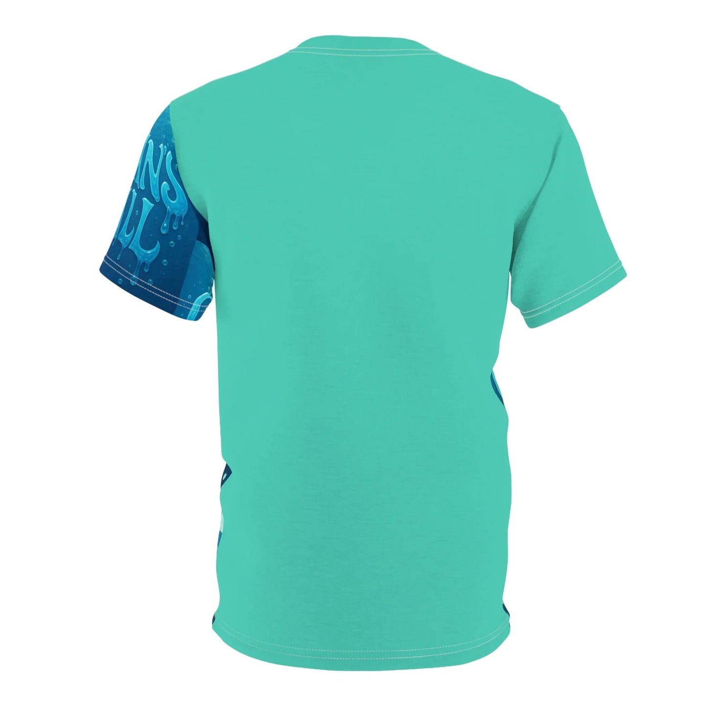 Turquoise t-shirt with blue graphic sleeve.