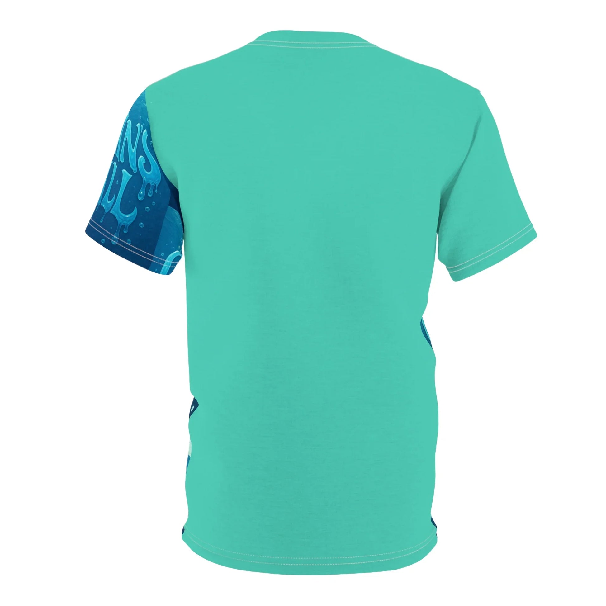Turquoise t-shirt with blue graphic sleeve.