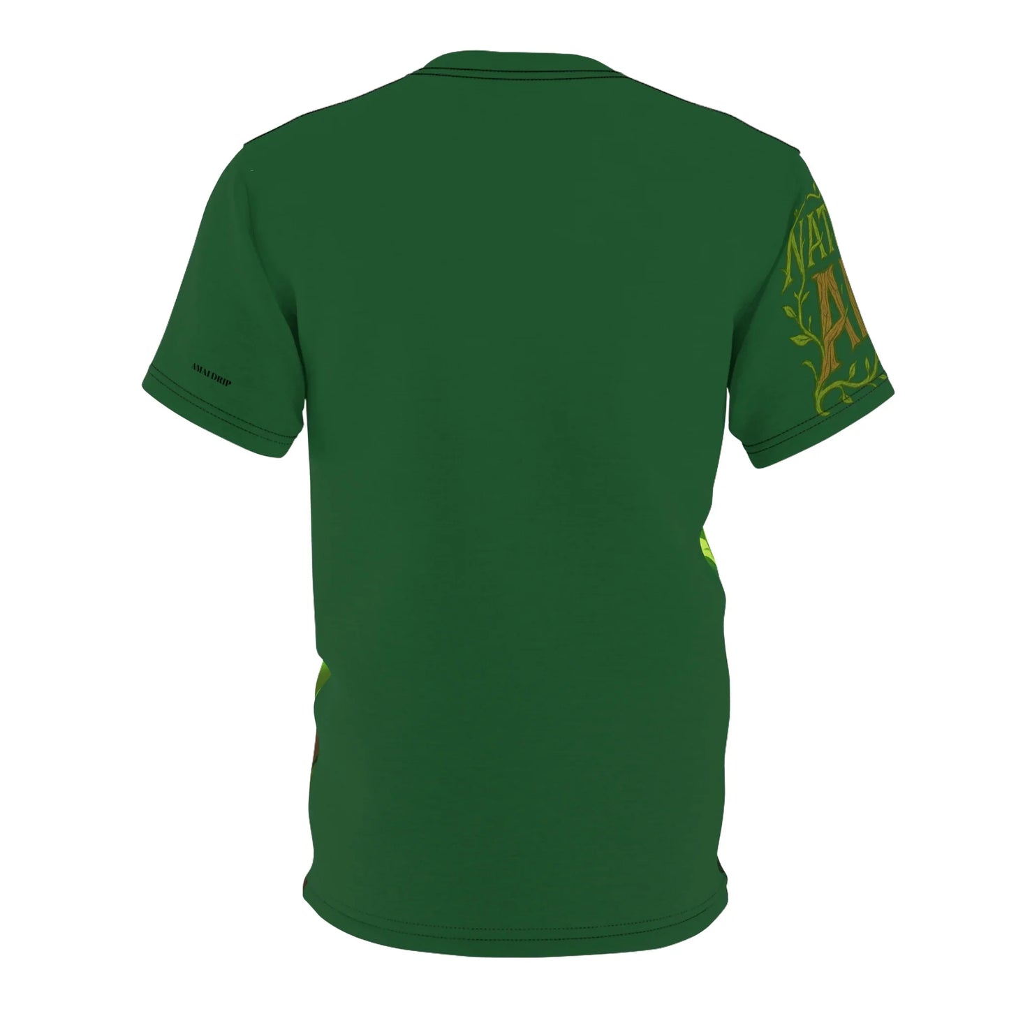 Back view of a green t-shirt with designs on the sleeves.