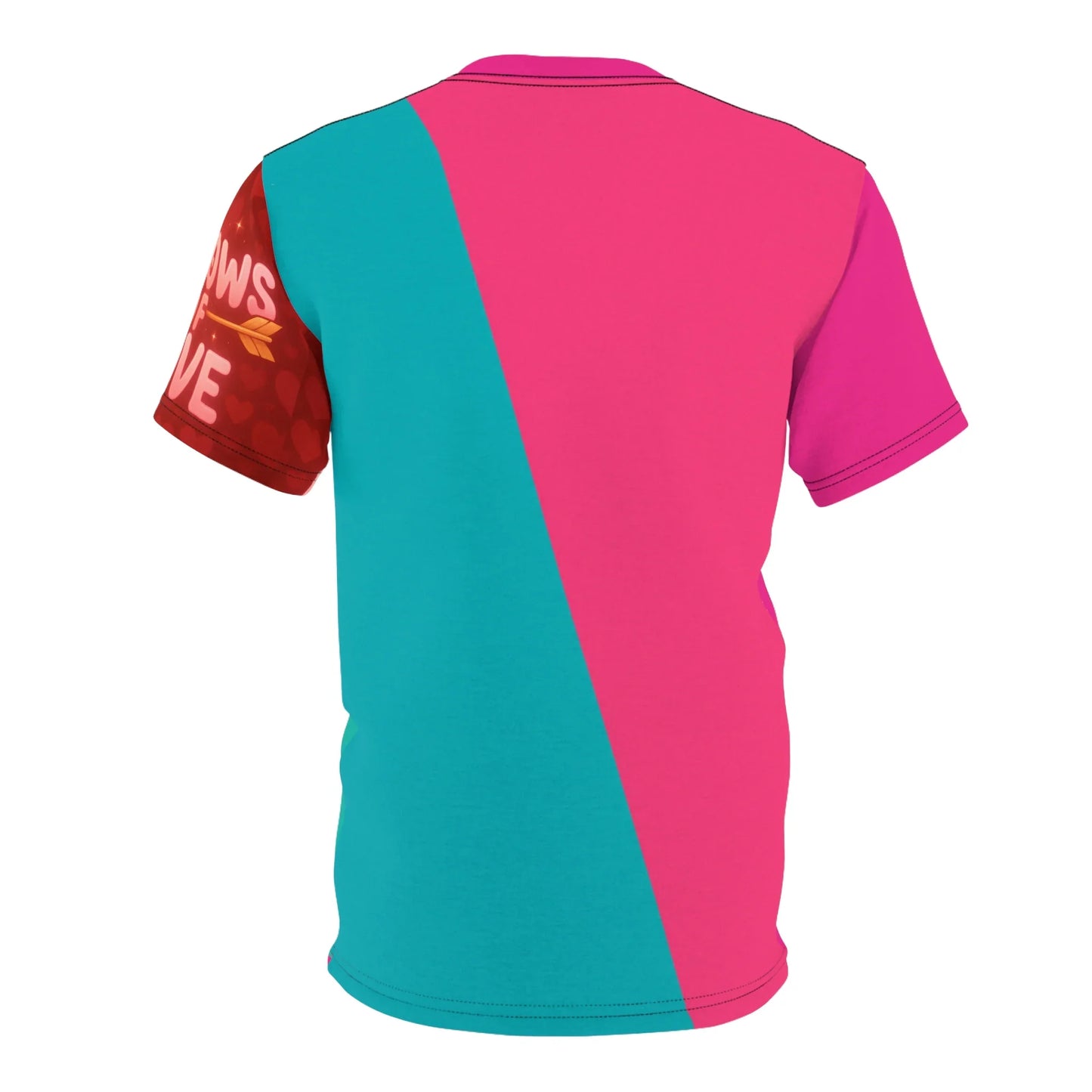Back view of a t-shirt with diagonal turquoise and pink color blocking and red patterned sleeves.