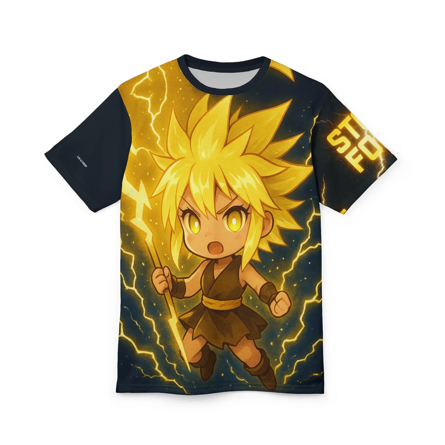 T-shirt with anime character graphic, lightning background.