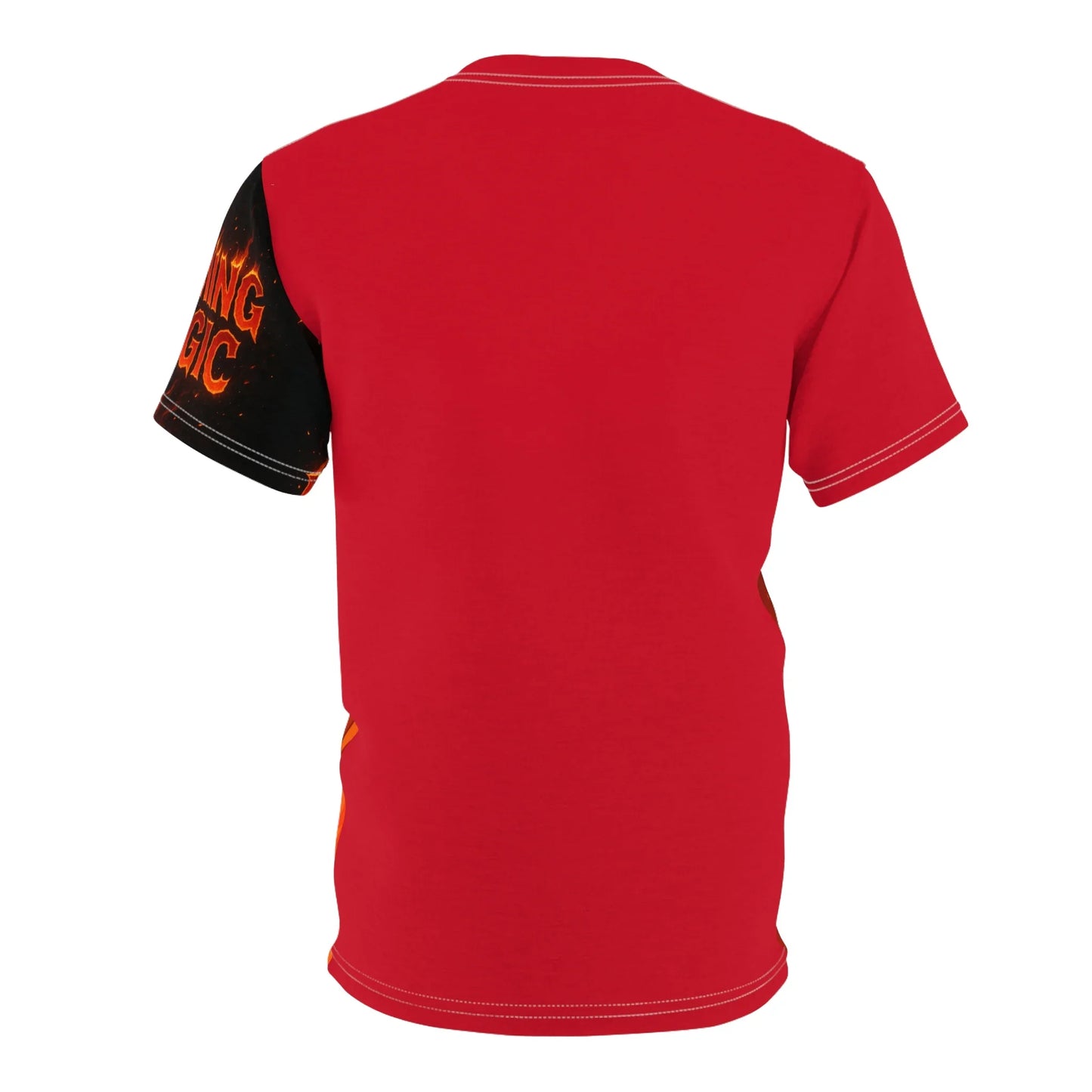 Back of a red t-shirt with a fiery sleeve design.