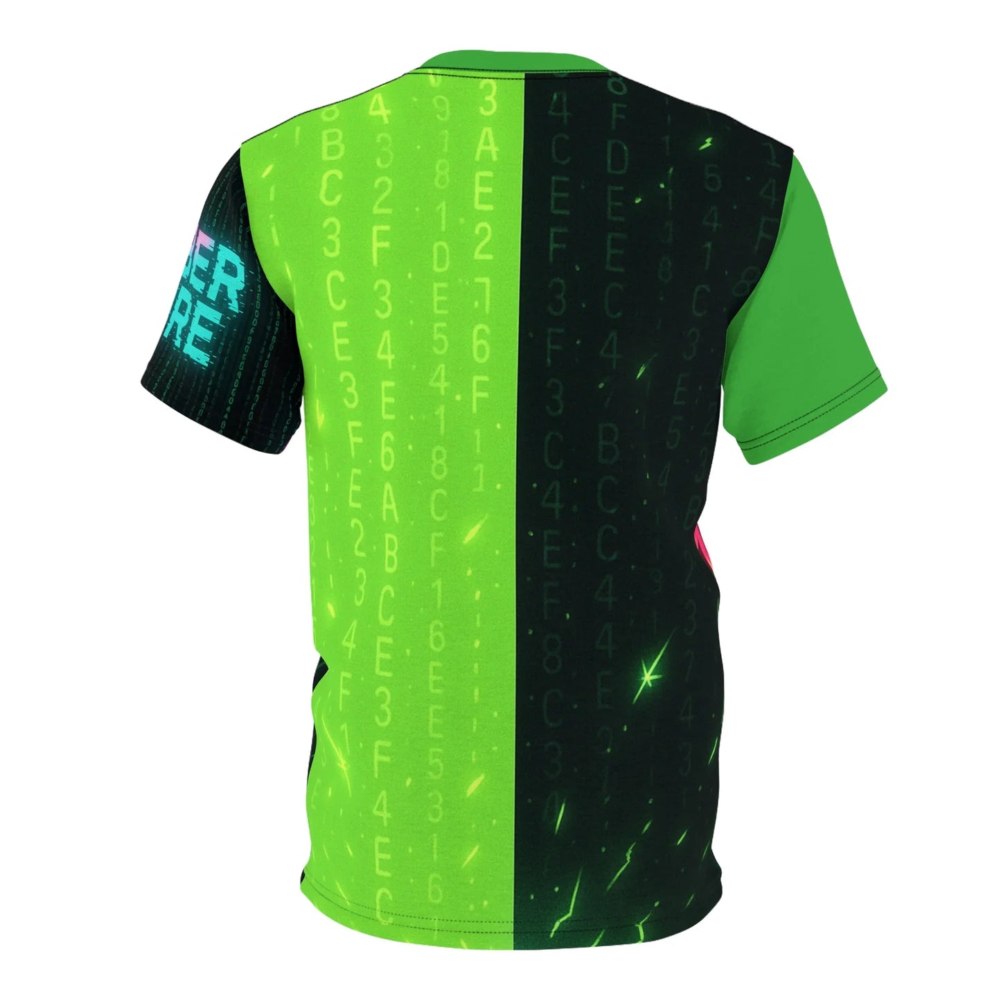 T-shirt with green sleeves and Matrix-style design.