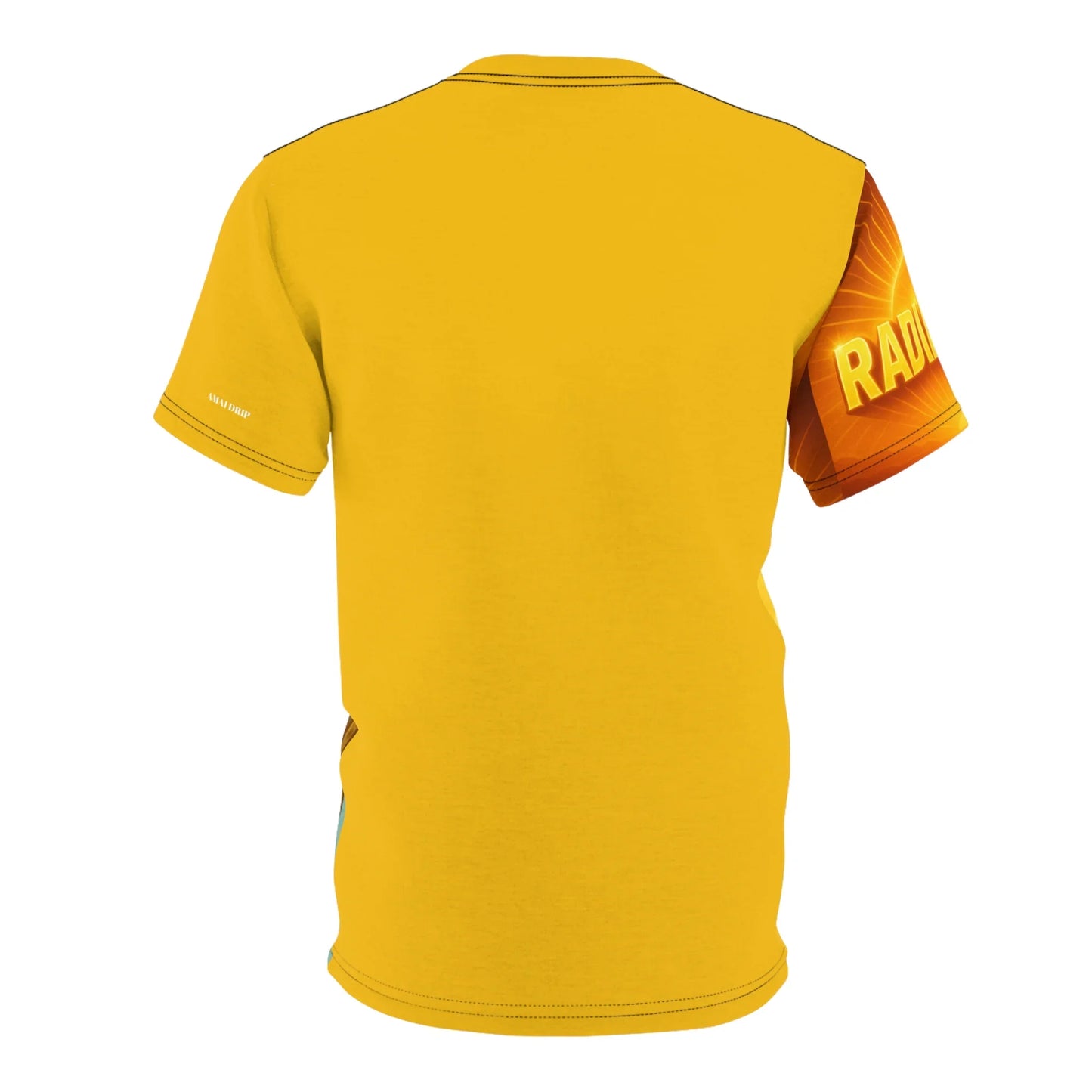 Back of a yellow t-shirt with "RAD" printed on the sleeve.