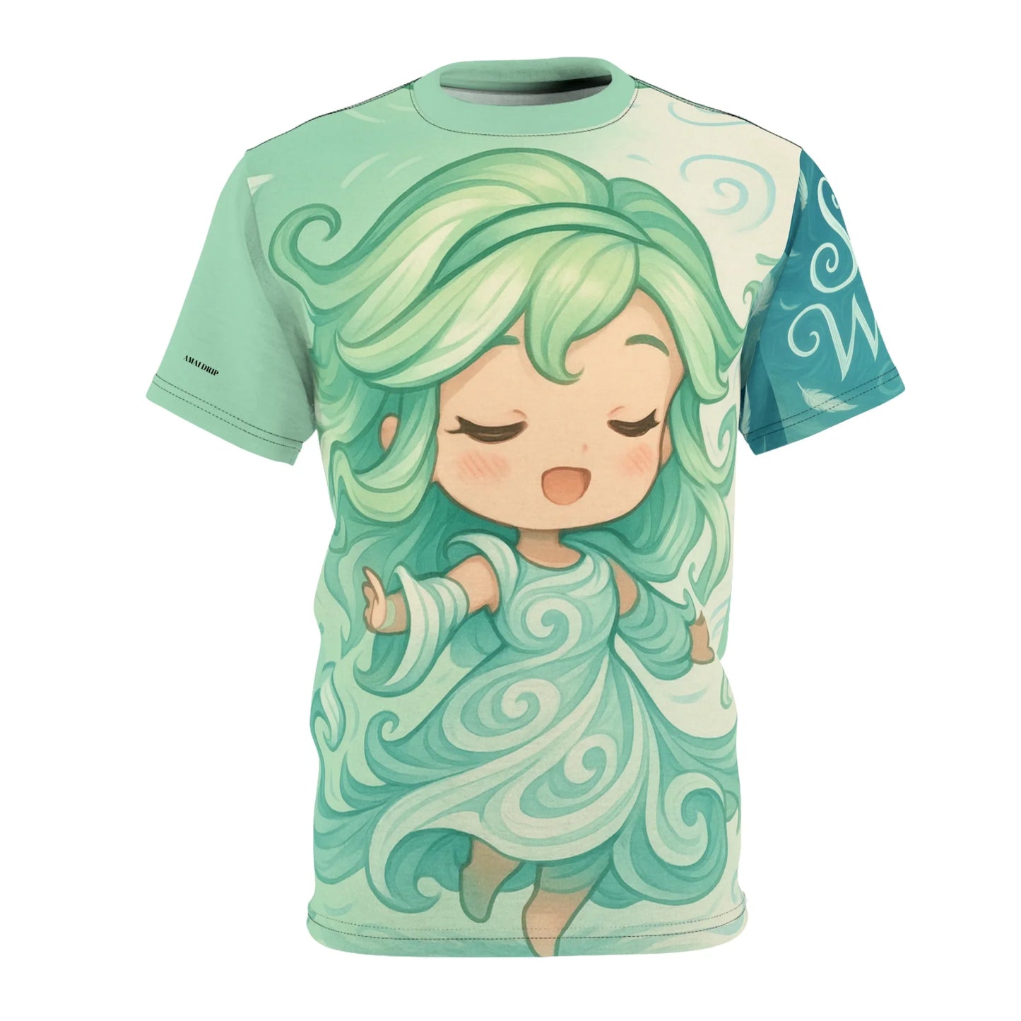 Close-up of a turquoise t-shirt with a cartoon girl design.