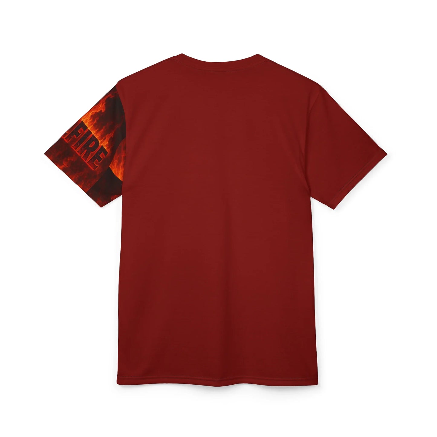 Red t-shirt with fire design on the sleeve.