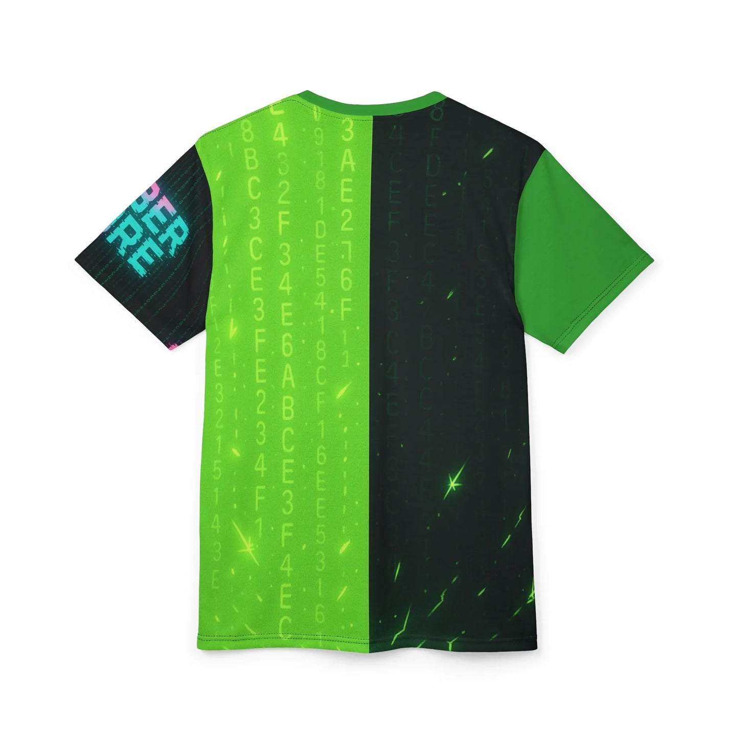 A green and black cyber-themed t-shirt.
