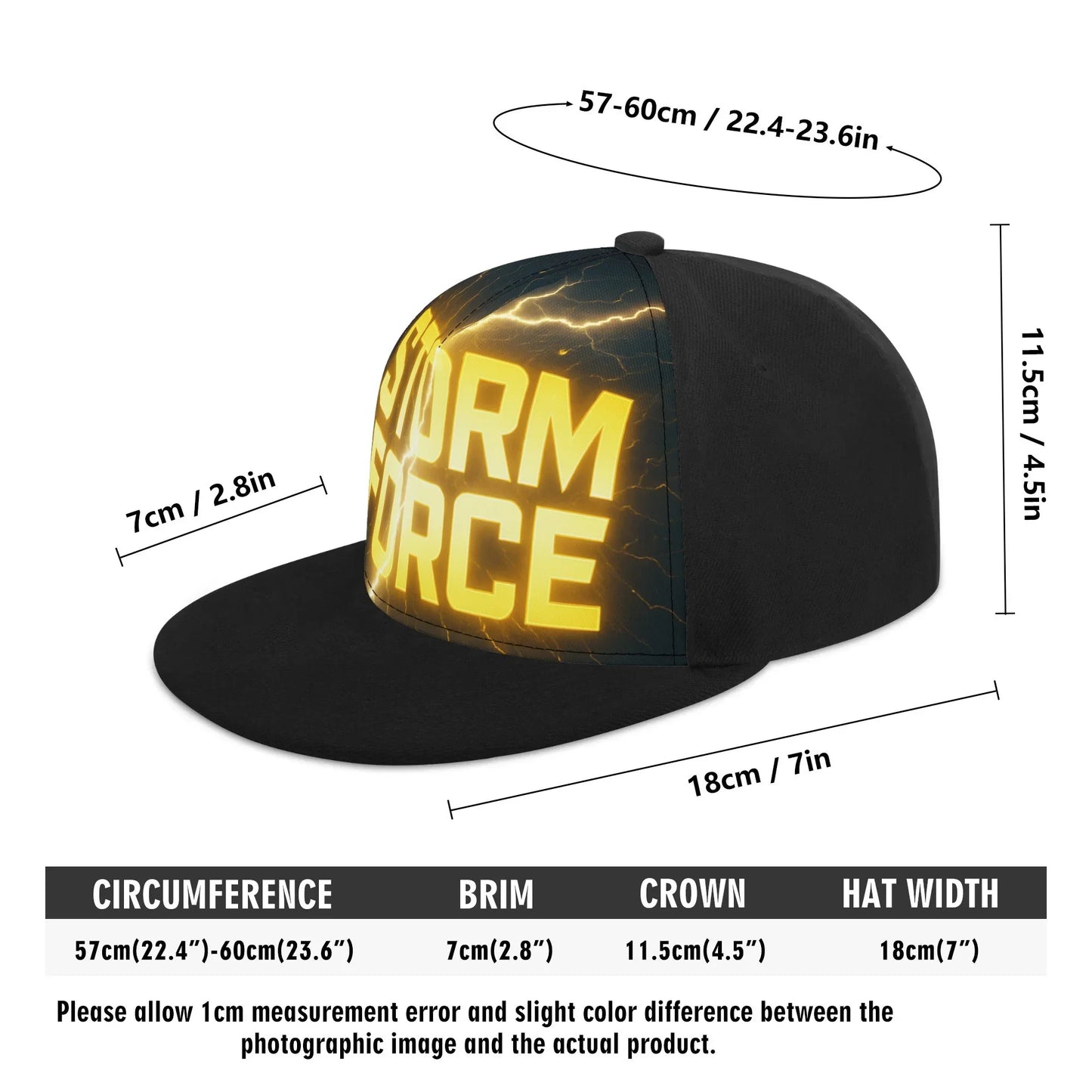 Black hat with "Storm Force" and lightning design. Product dimensions and disclaimers shown.