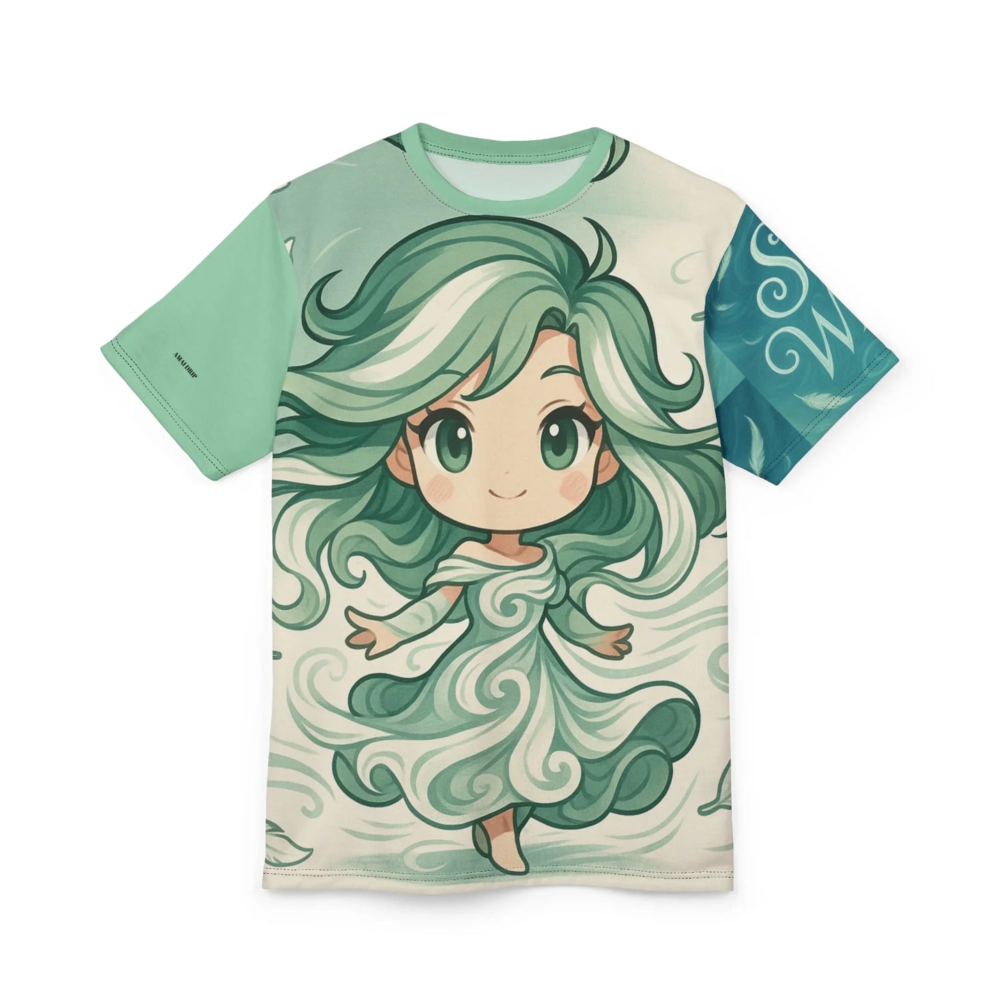 T-shirt featuring a green-haired anime girl in a swirling dress.