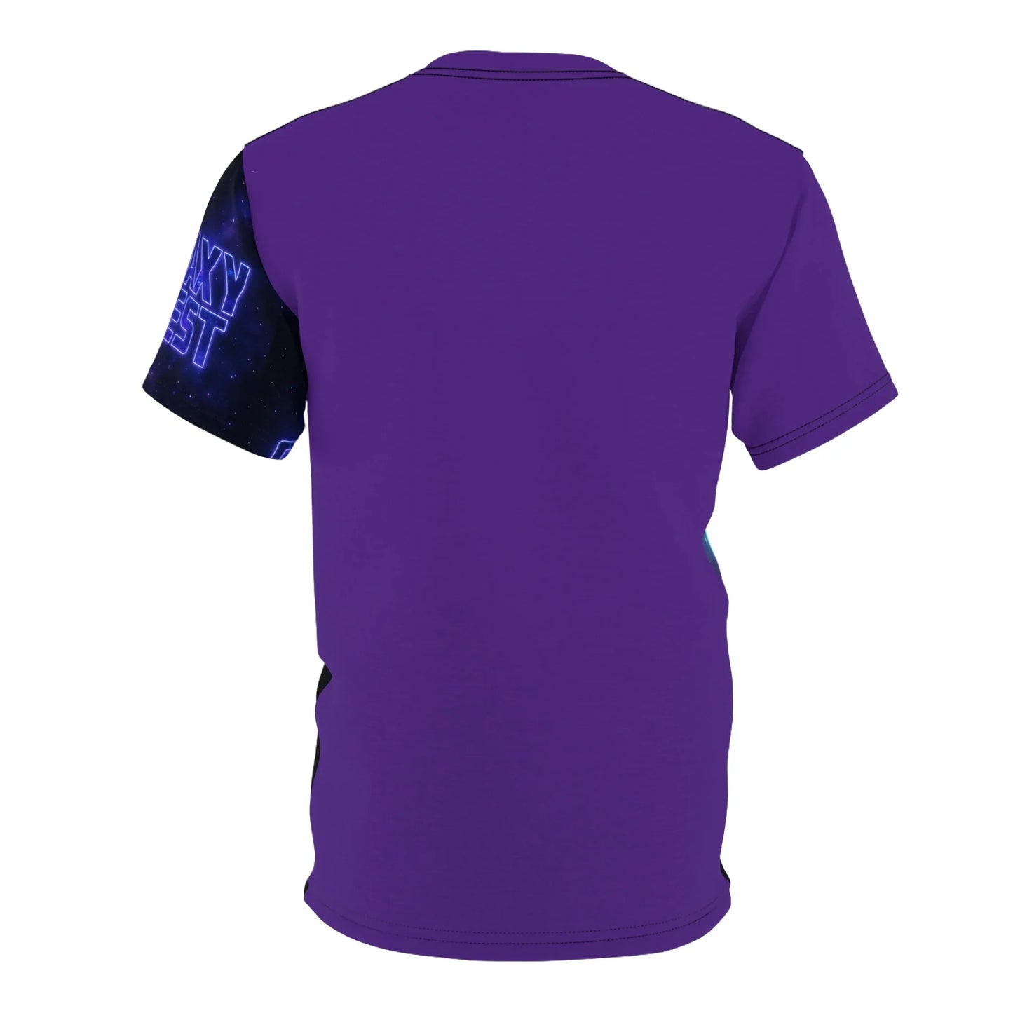 Purple T-shirt with graphic sleeves.