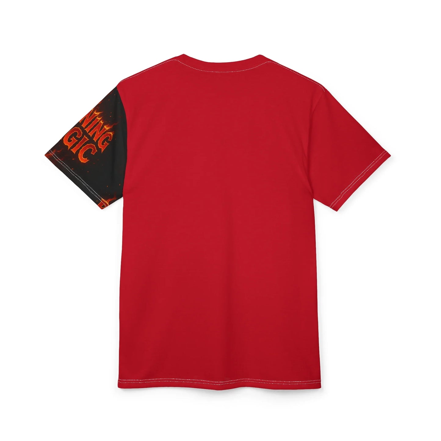 Red t-shirt with printed left sleeve.