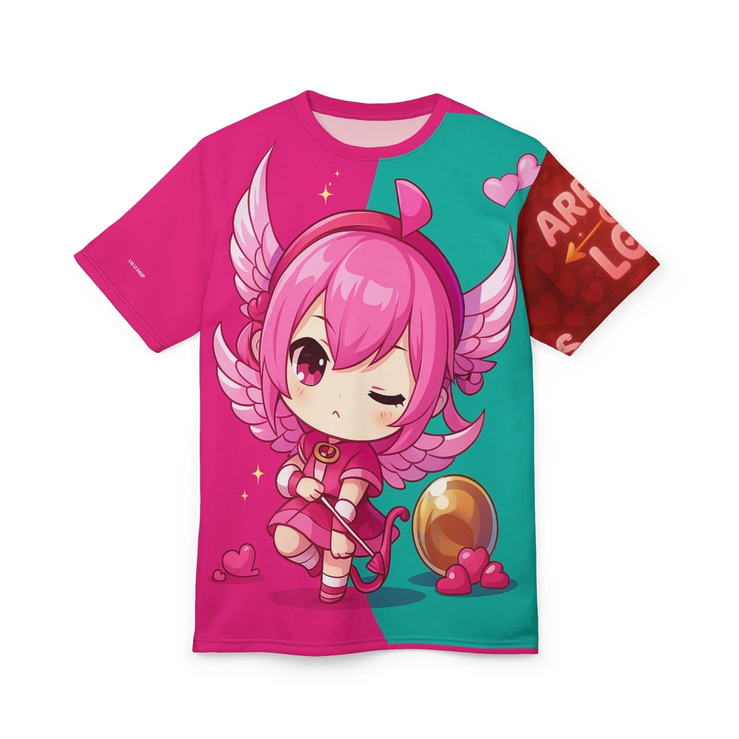 T-shirt featuring a cute cupid character. Half pink, half teal with "Arrow of Love" text on the sleeve.