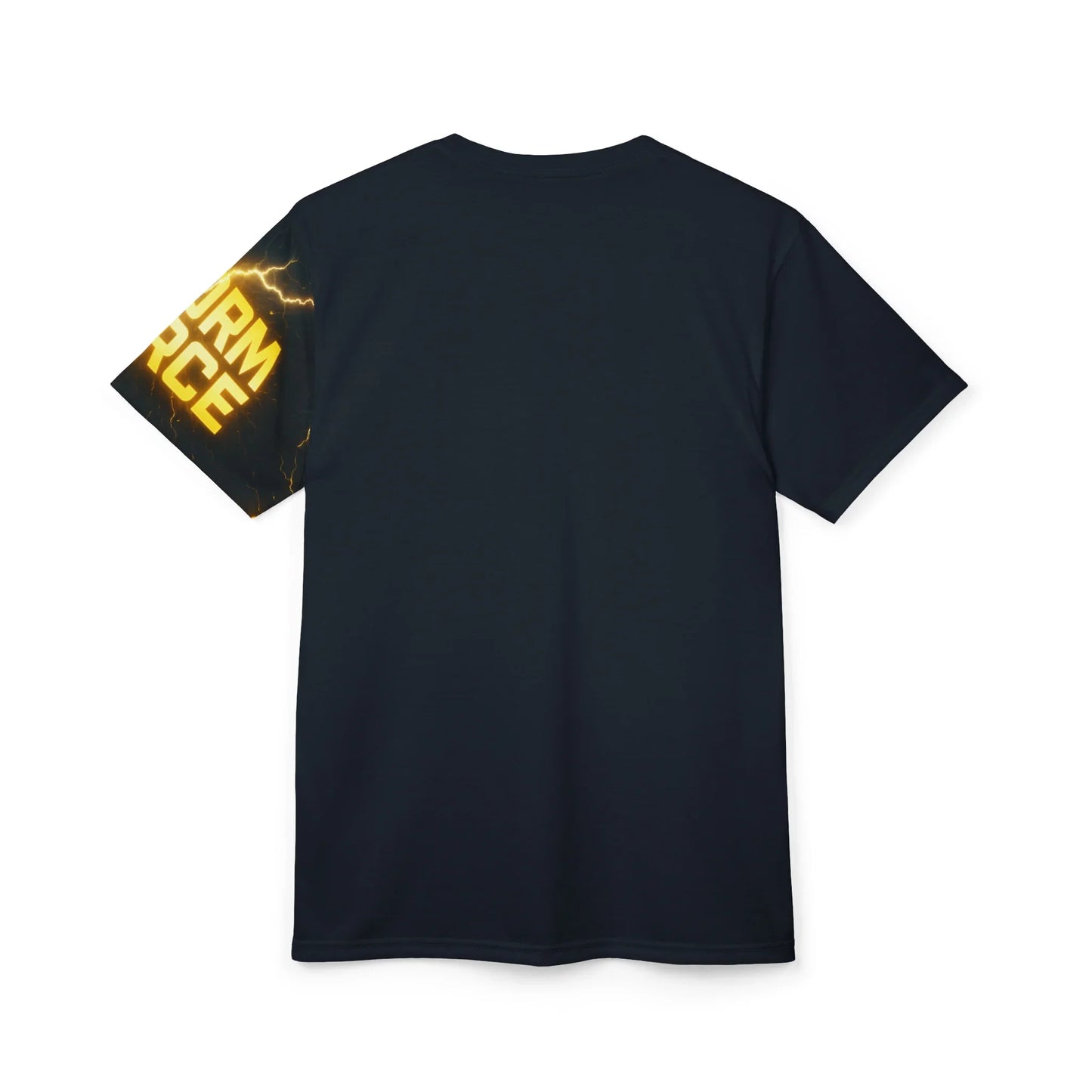 Navy blue t-shirt with "Storm Force" lettering on the sleeve.