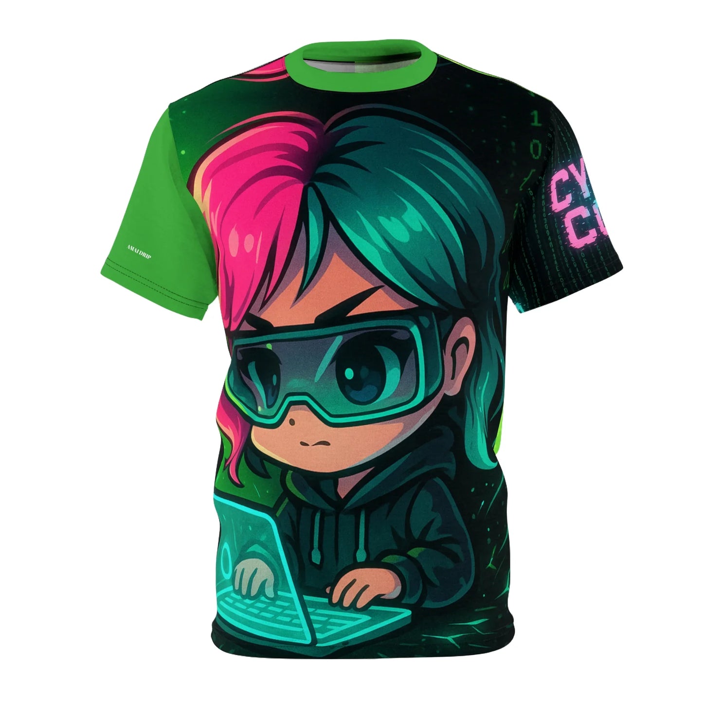 T-shirt with a cartoon of a hacker girl in a hoodie using a laptop. The shirt is green, black, and pink.