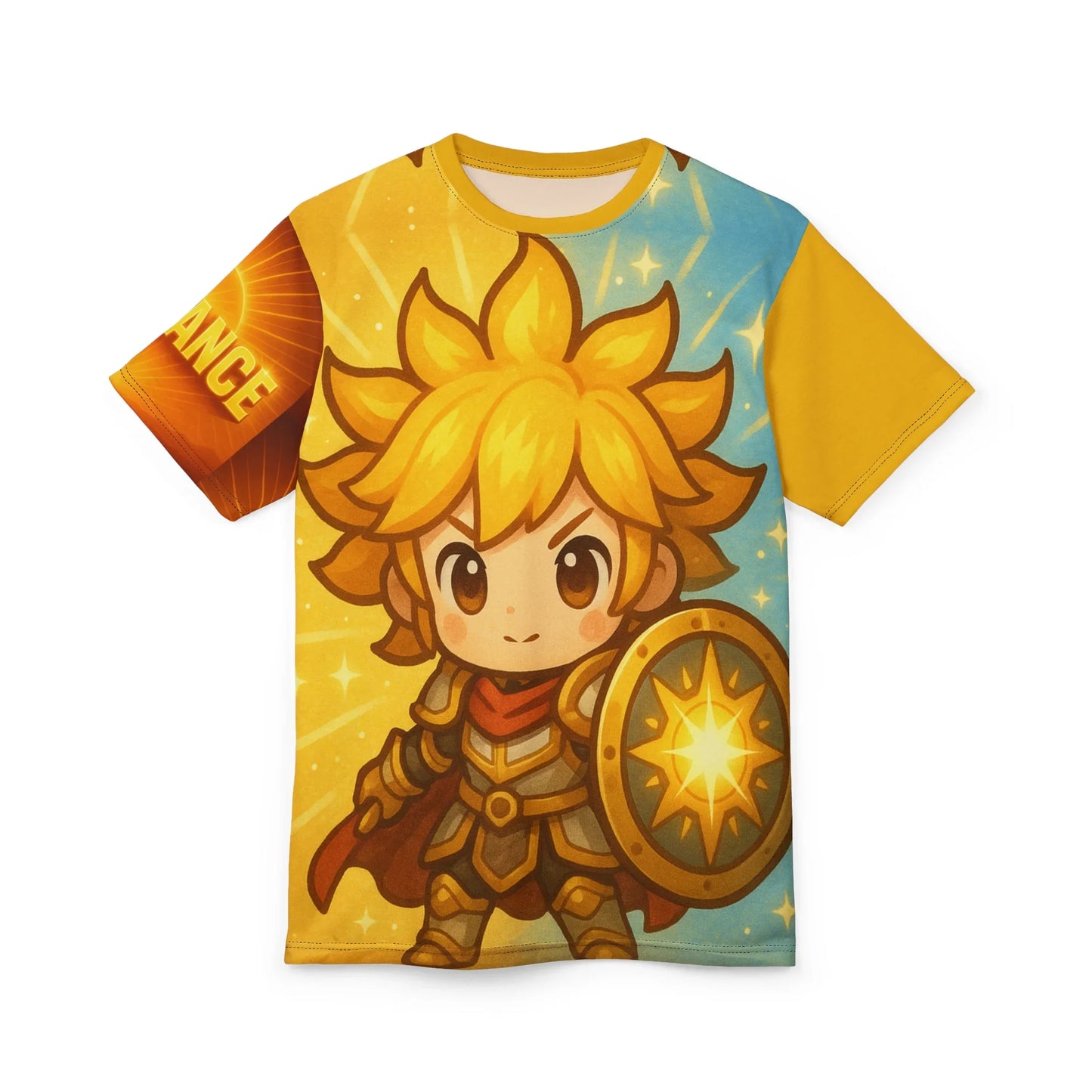 T-shirt featuring cartoon sun knight design.