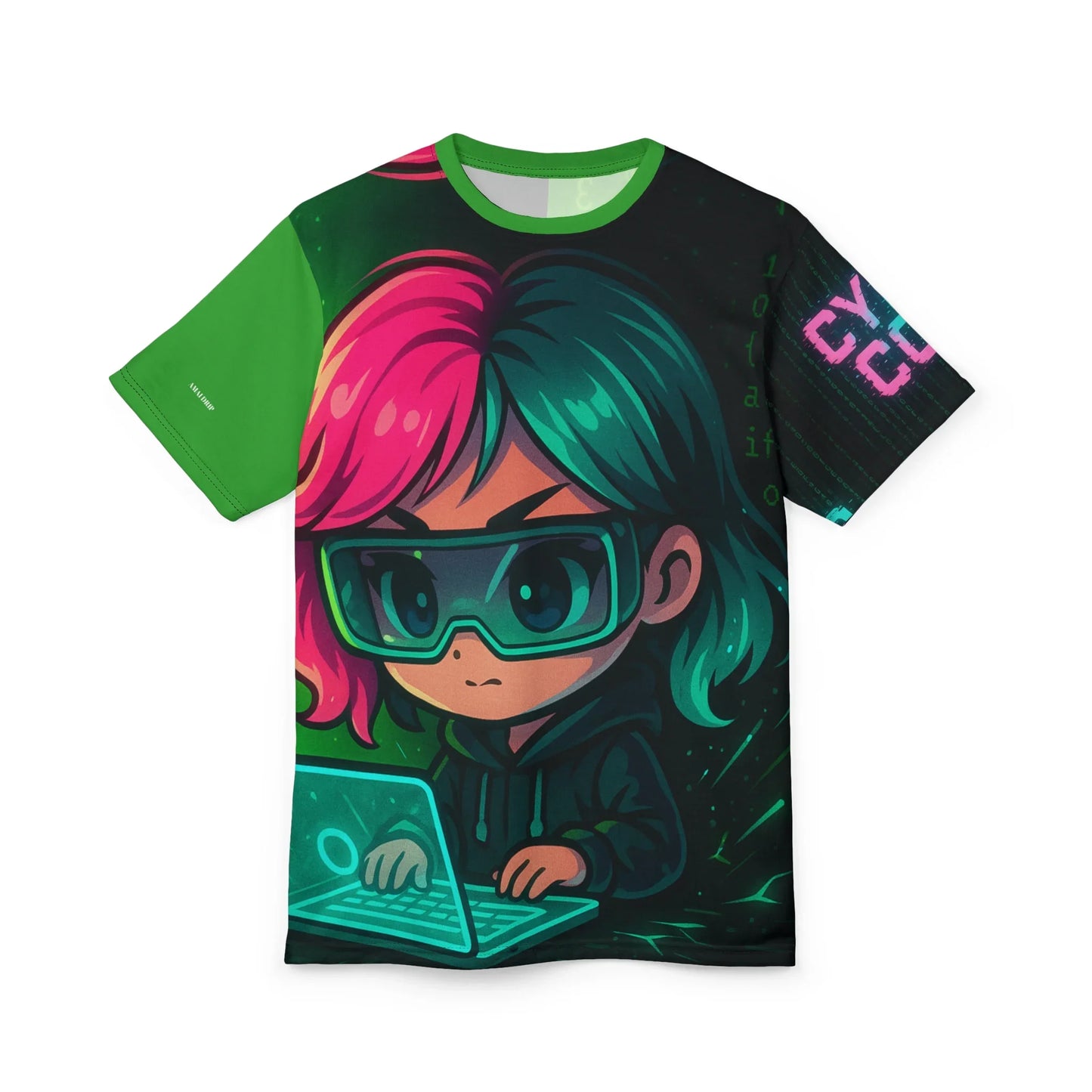 T-shirt with an anime hacker character on the front, green and pink hair, wearing glasses, using a neon green laptop, green sleeves, and green neckline.