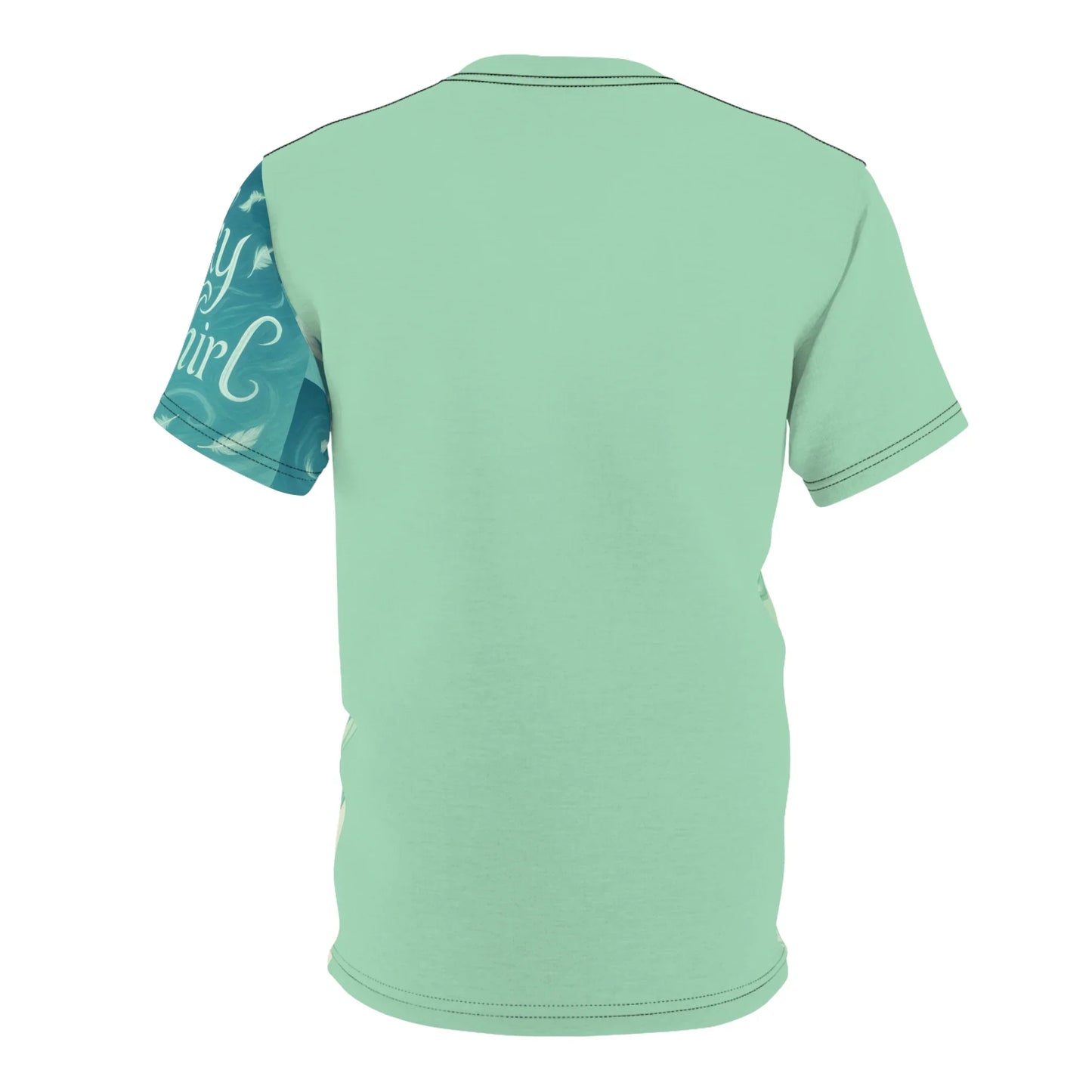 Back of a light green t-shirt with a blue patterned sleeve.