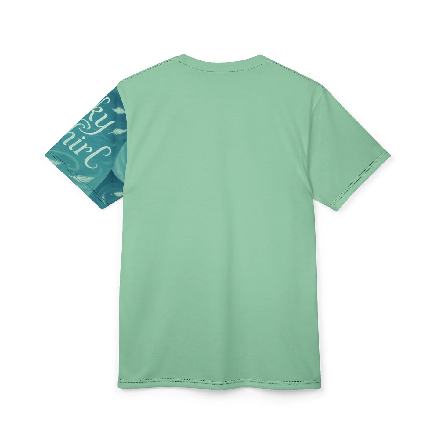 Mint green t-shirt with blue sleeve print.