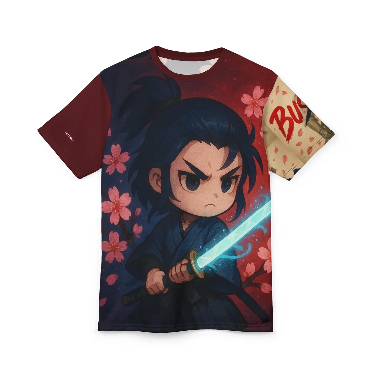 T-shirt featuring a chibi-style samurai with a glowing sword.
