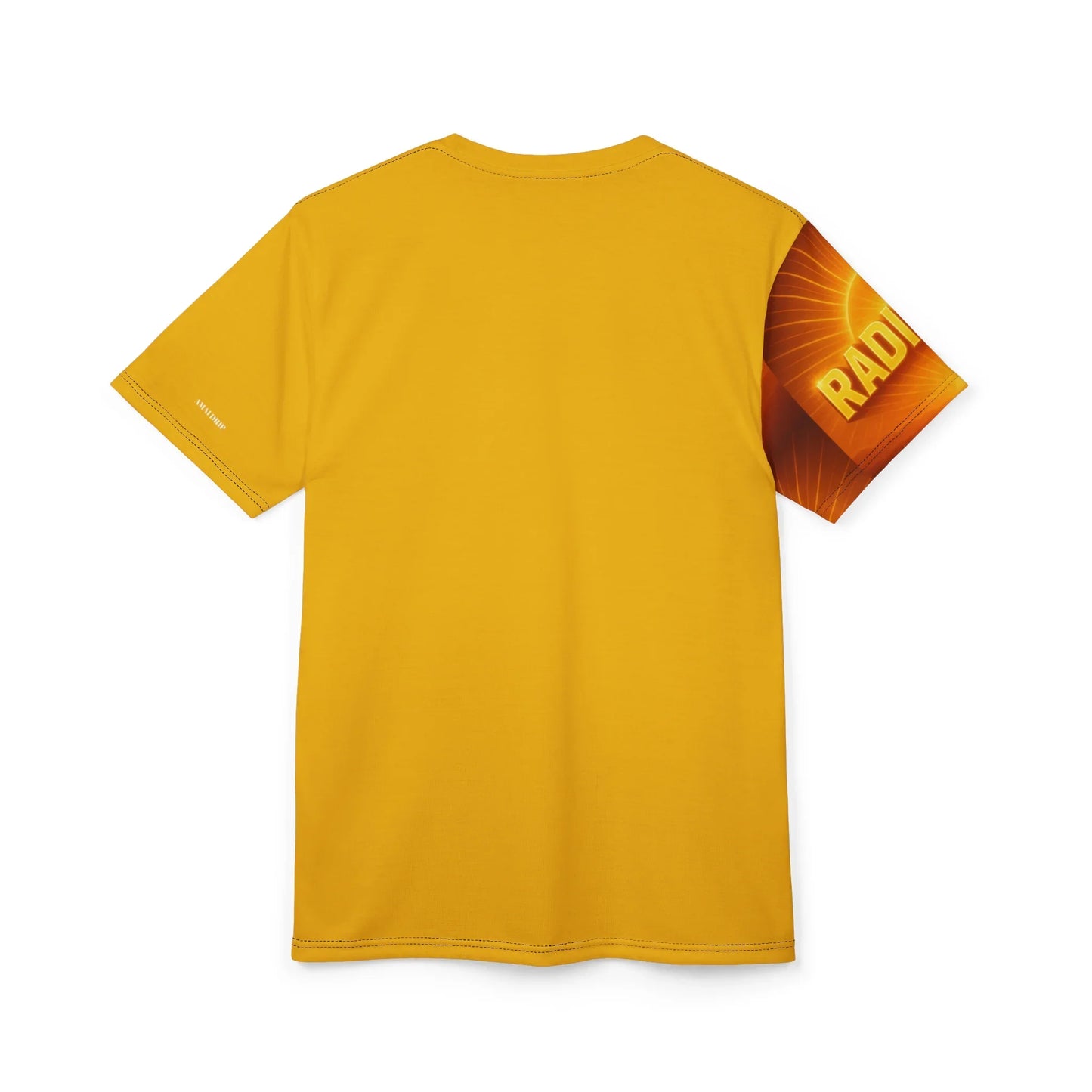 Back of a yellow t-shirt with "RAD!" written on the right sleeve.