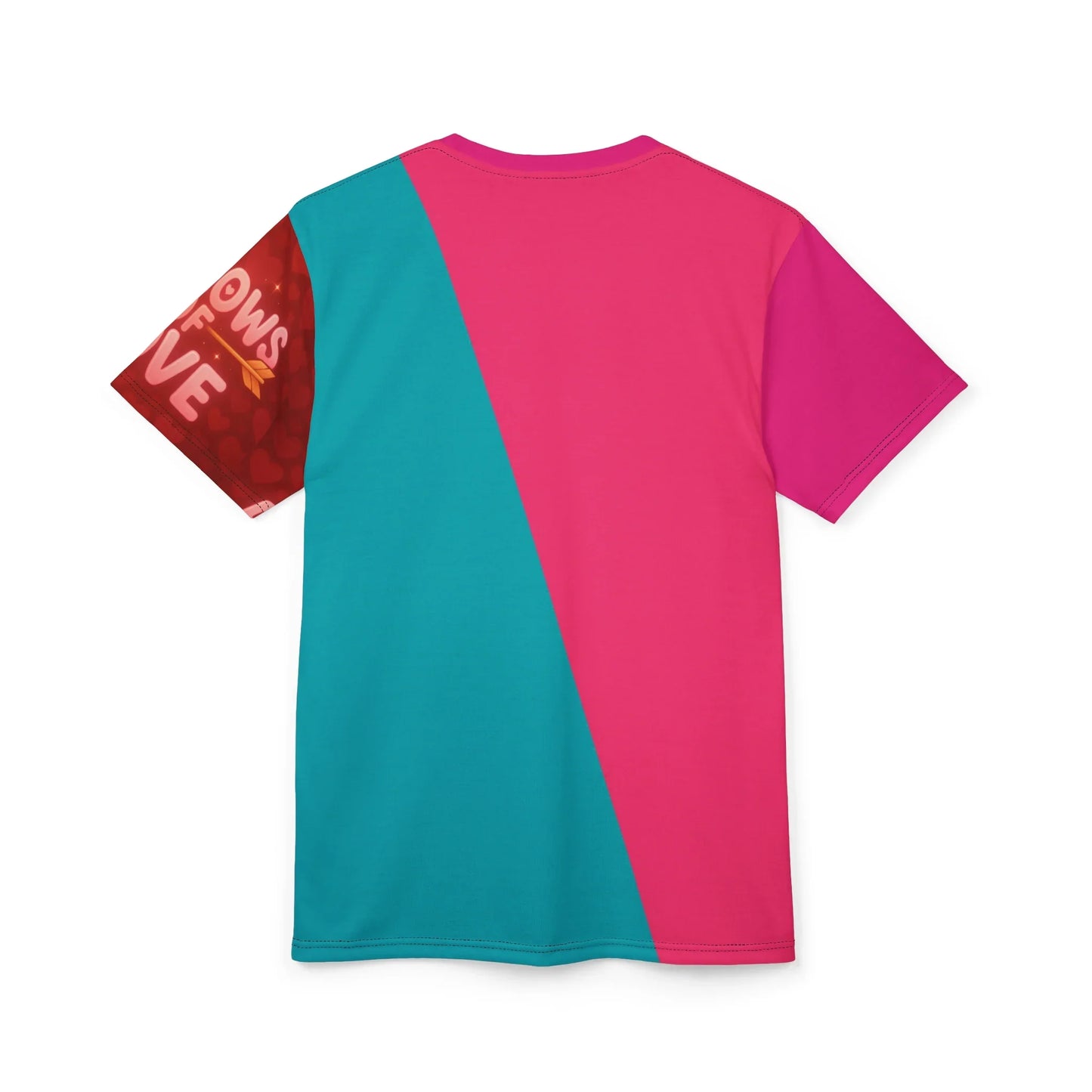 T-shirt featuring a color block design with the word "LOVE" on the sleeve.