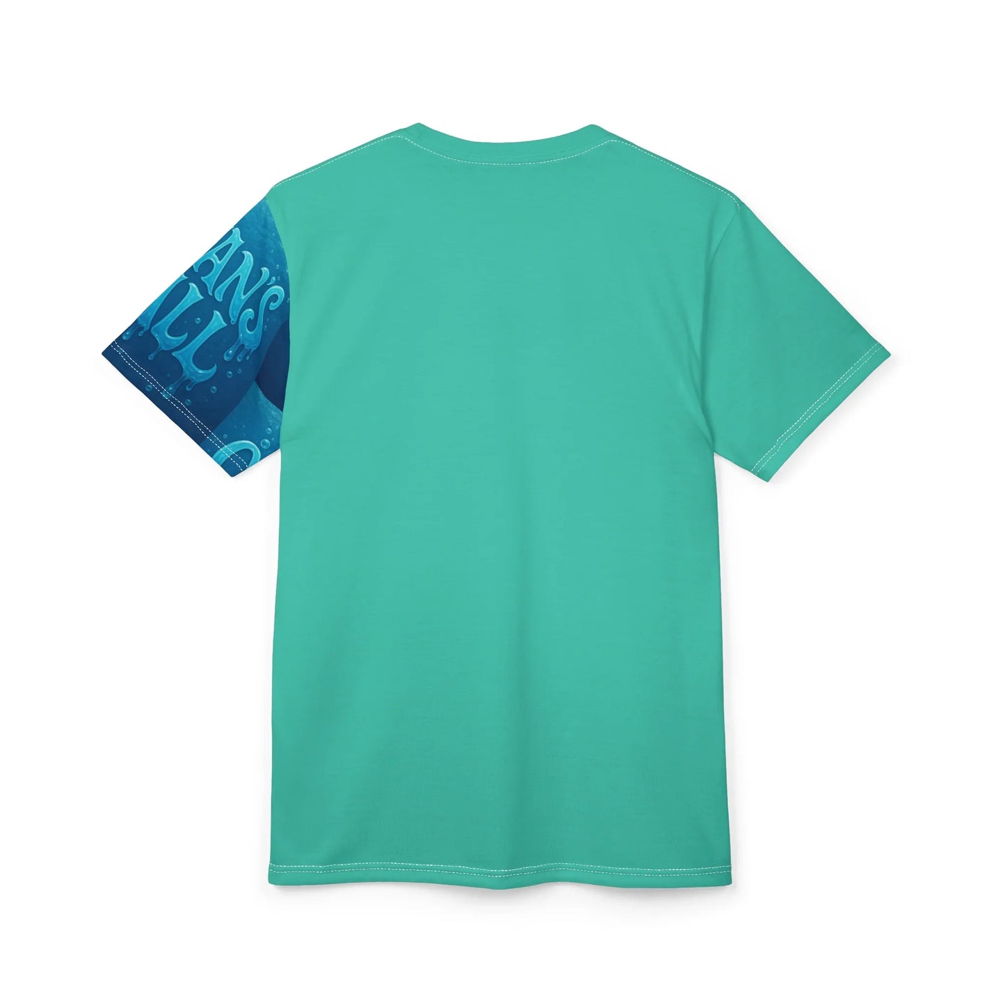 Teal t-shirt with ocean-themed sleeve.