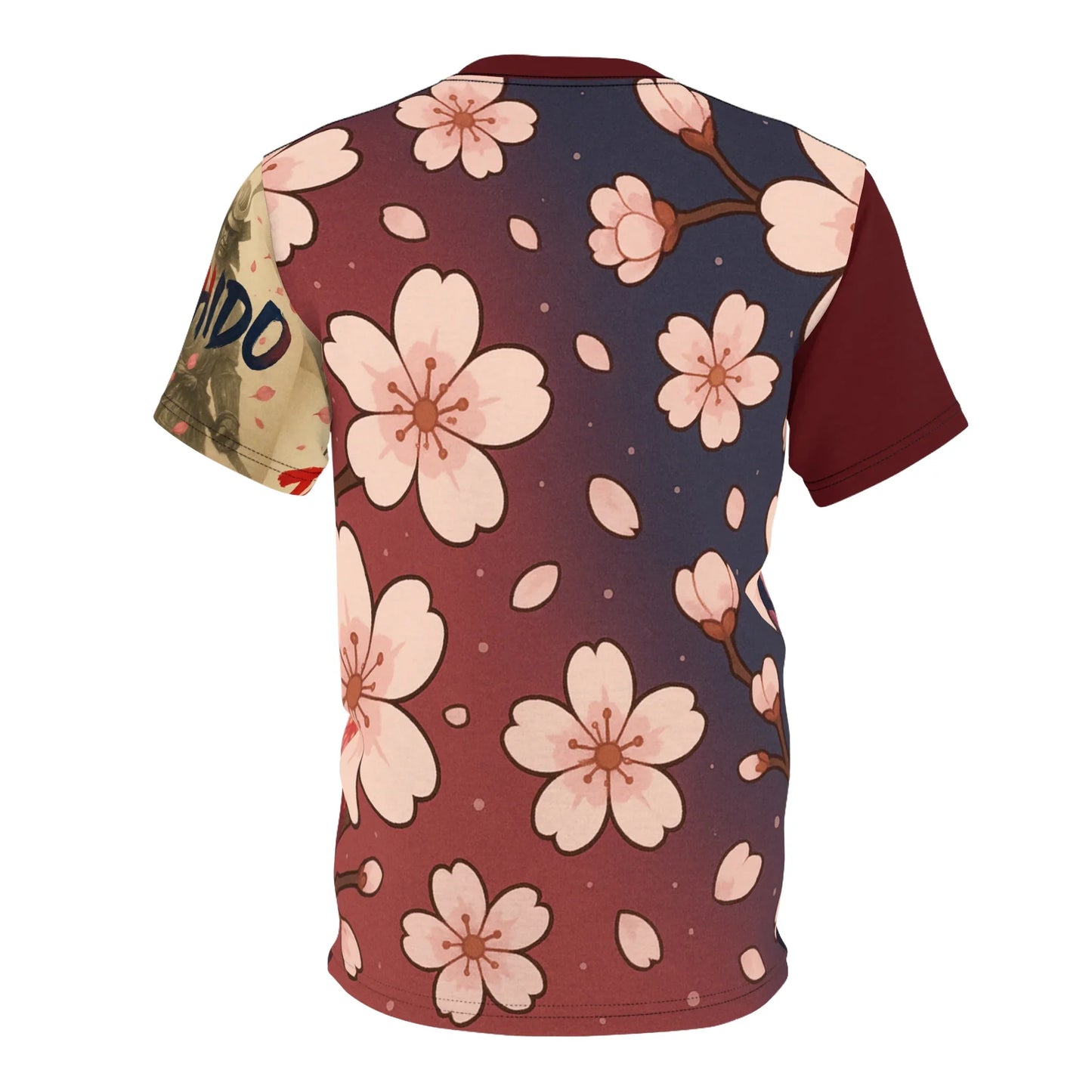 T-shirt with cherry blossom pattern and maroon sleeves.