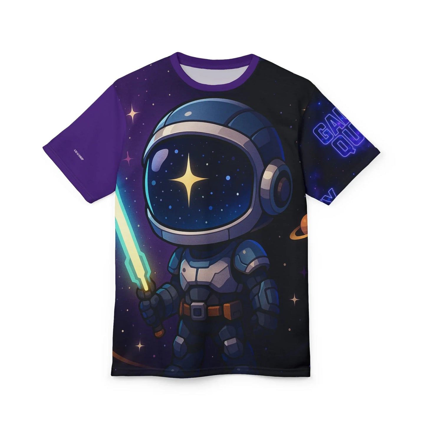 A printed t-shirt featuring a cartoon astronaut with a lightsaber against a space background.