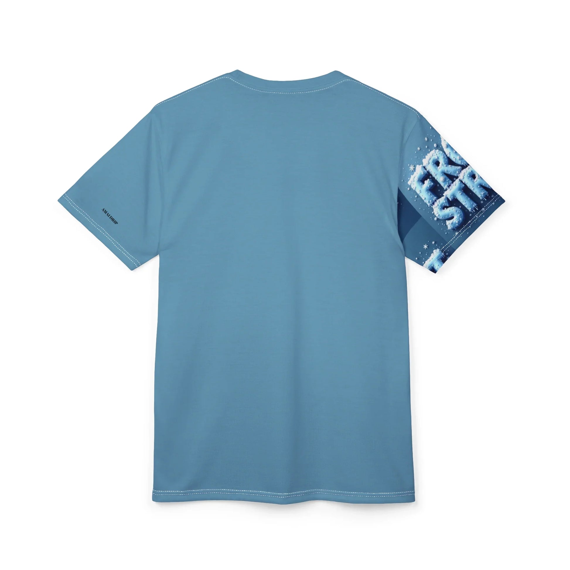 Light blue t-shirt with text on one sleeve.