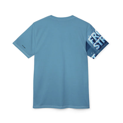 Light blue t-shirt with text on one sleeve.