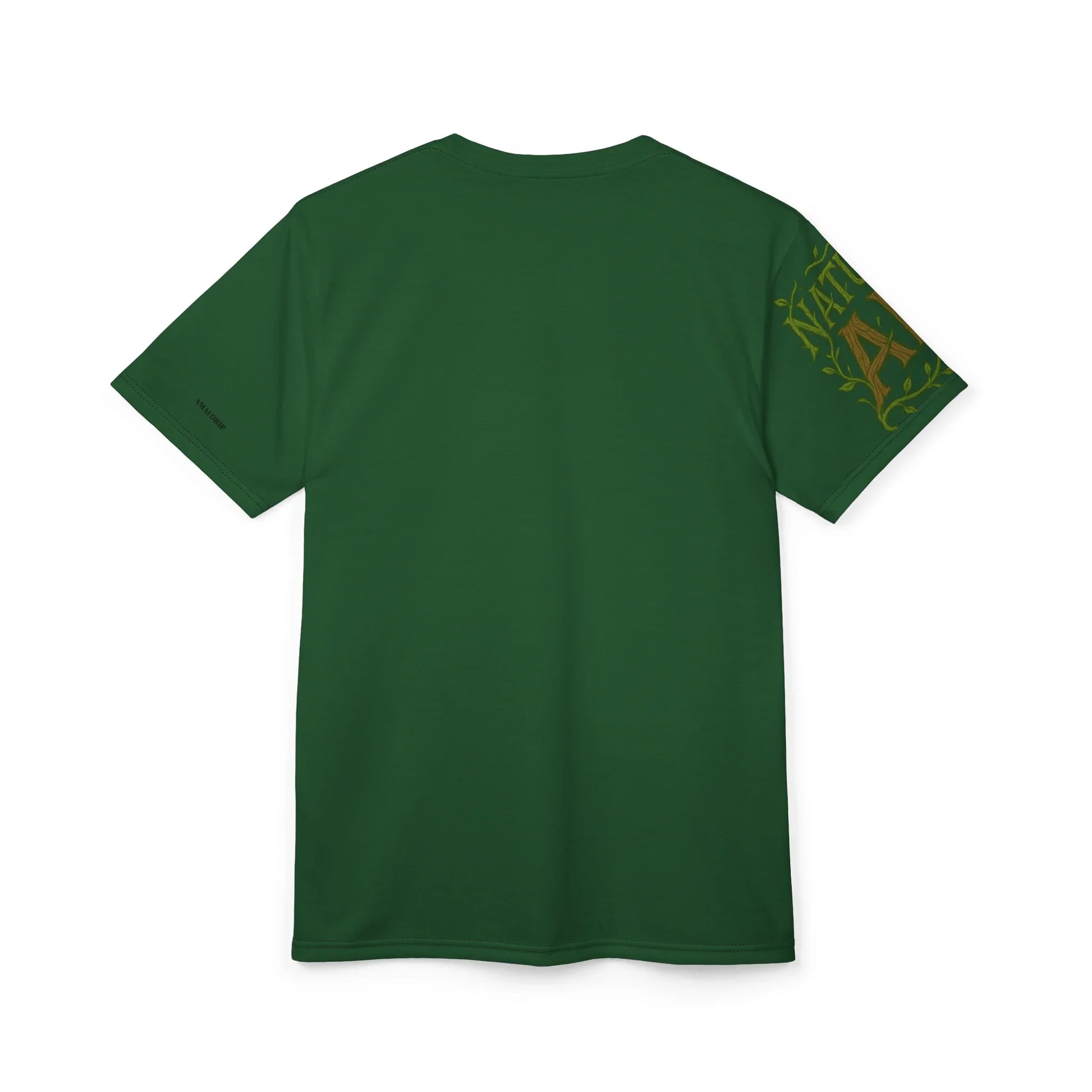 Green T-shirt with design on the sleeve.