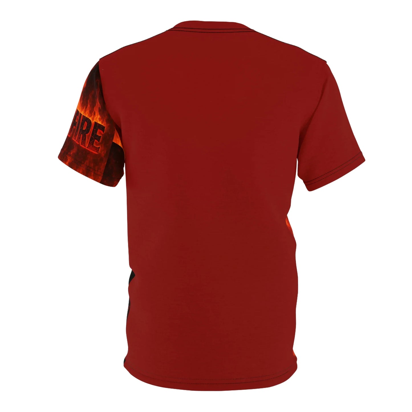 Back of red t-shirt with flame and "FIRE" on the sleeve.