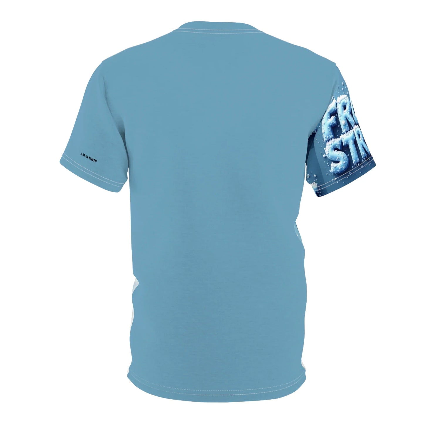 Light blue t-shirt, Frost Strike graphic on sleeve, "AMAL DRIP" printed on the left sleeve.