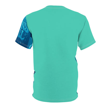Turquoise t-shirt with blue graphic sleeve.

