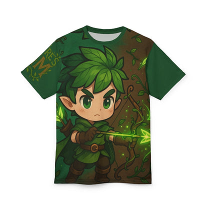 Green T-shirt with cartoon elf archer design.