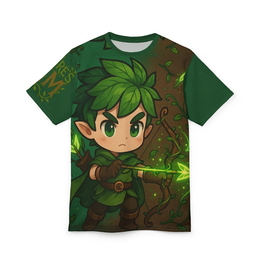 Green T-shirt with cartoon elf archer design.