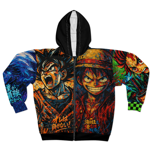 Anime-Inspired Unisex Zip Hoodie with Bold Graphic Design