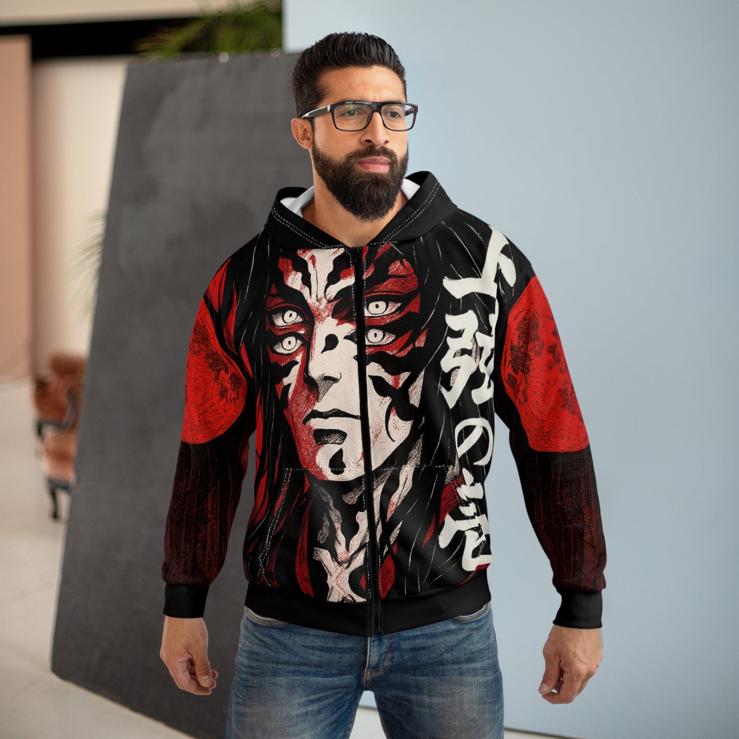 Anime-Inspired Unisex Zip Hoodie with Bold Graphic Design - Kokushibo