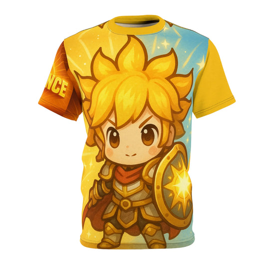 T-shirt with cartoon character wearing armor and holding shield.