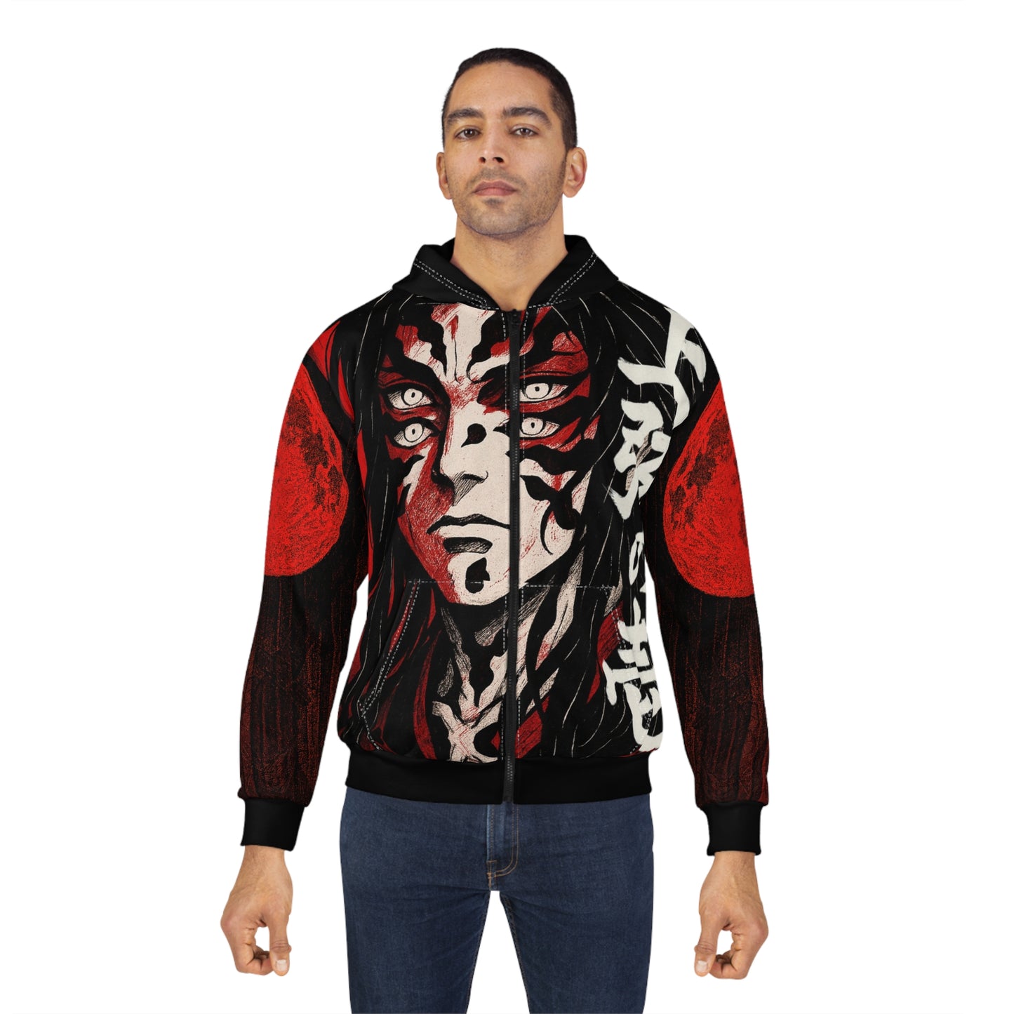 Anime-Inspired Unisex Zip Hoodie with Bold Graphic Design - Kokushibo