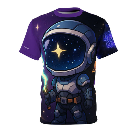 Cartoon astronaut shirt with galaxy theme.
