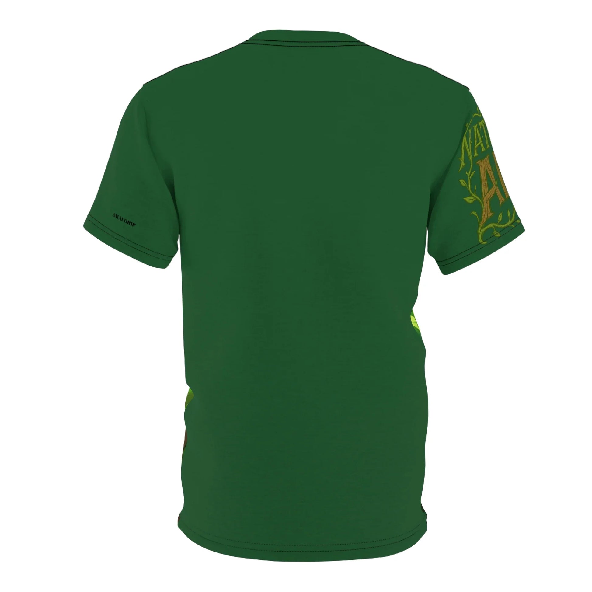 Back view of a green t-shirt with designs on the sleeves.
