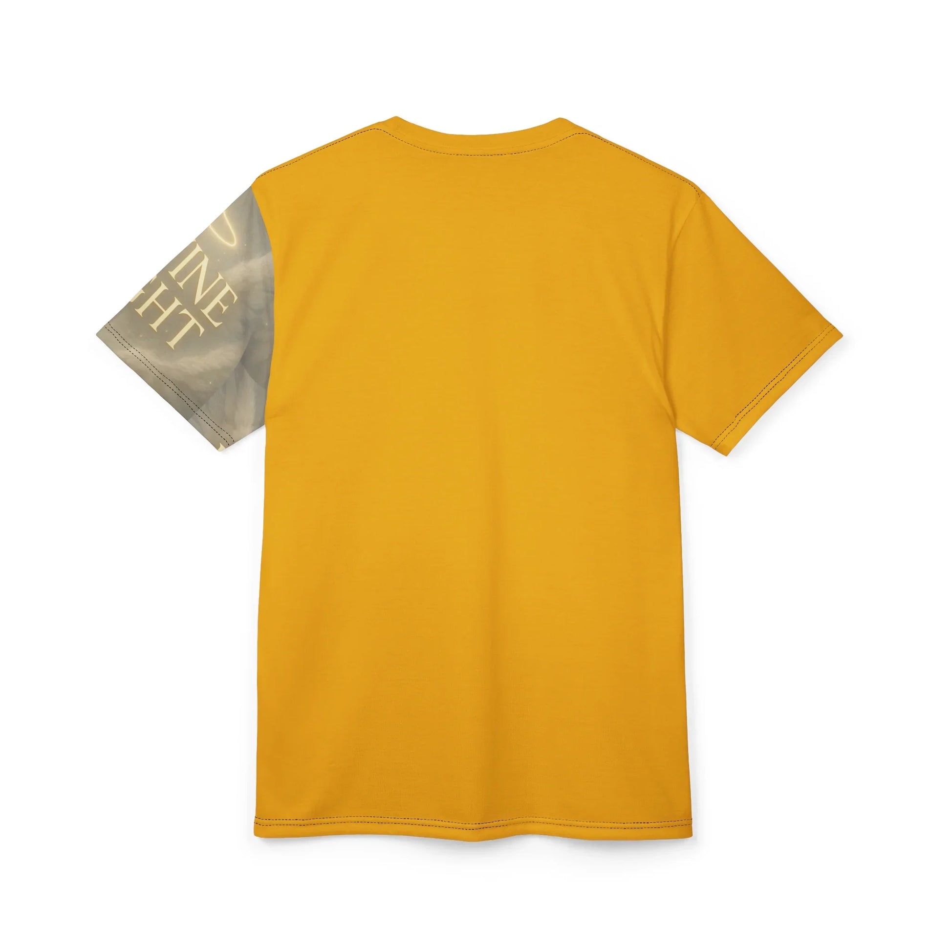 Back of a yellow t-shirt with a designed left sleeve.
