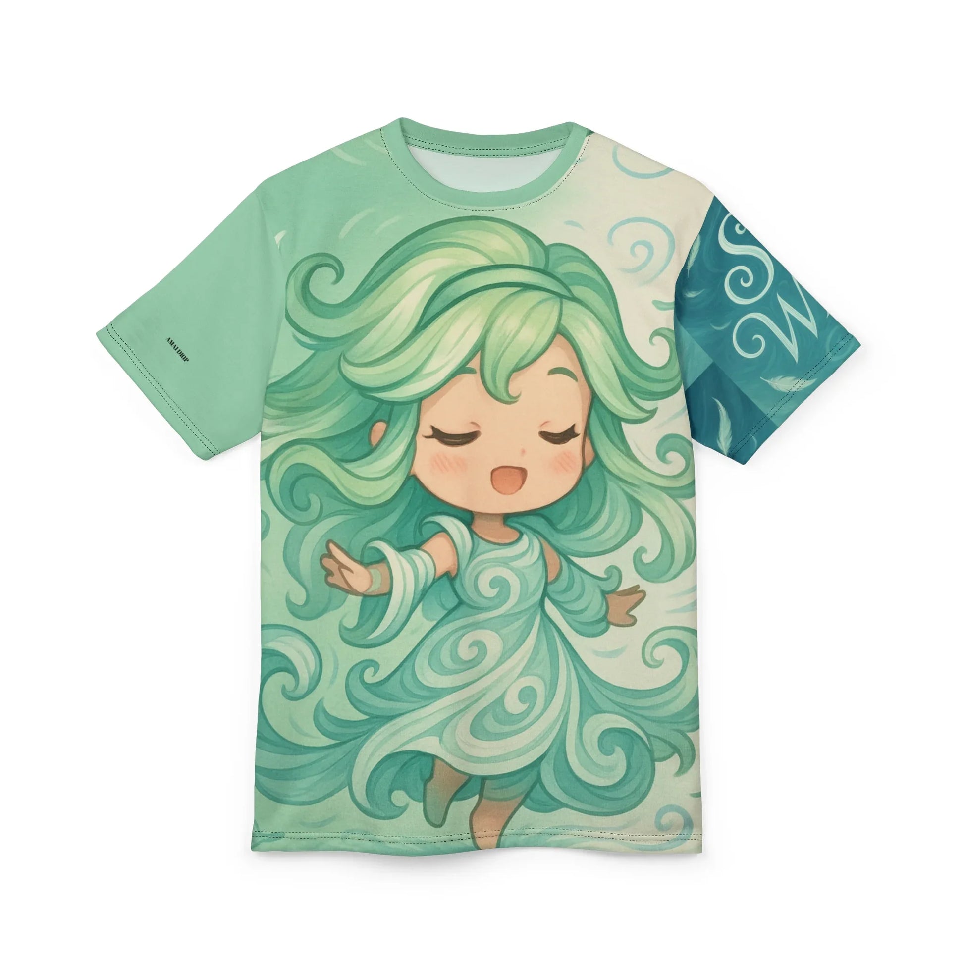 T-shirt with cartoon character, teal and white color scheme.