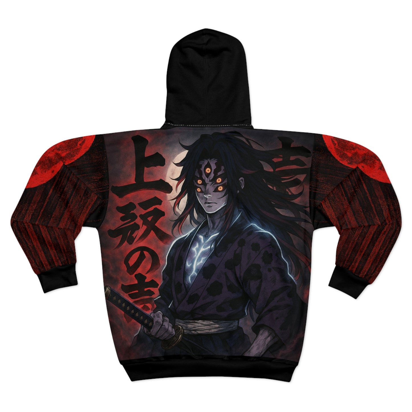 Anime-Inspired Unisex Zip Hoodie with Bold Graphic Design - Kokushibo