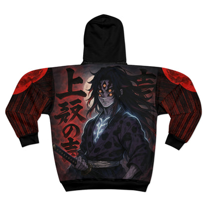 Anime-Inspired Unisex Zip Hoodie with Bold Graphic Design - Kokushibo