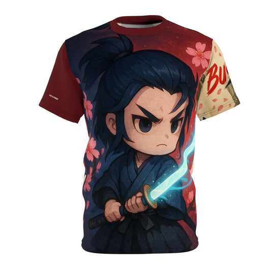 T-shirt with a cartoon samurai graphic.