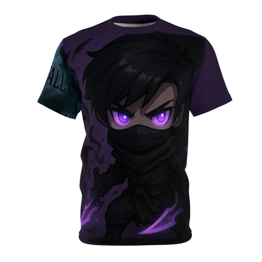 T-shirt with ninja character and purple accents.