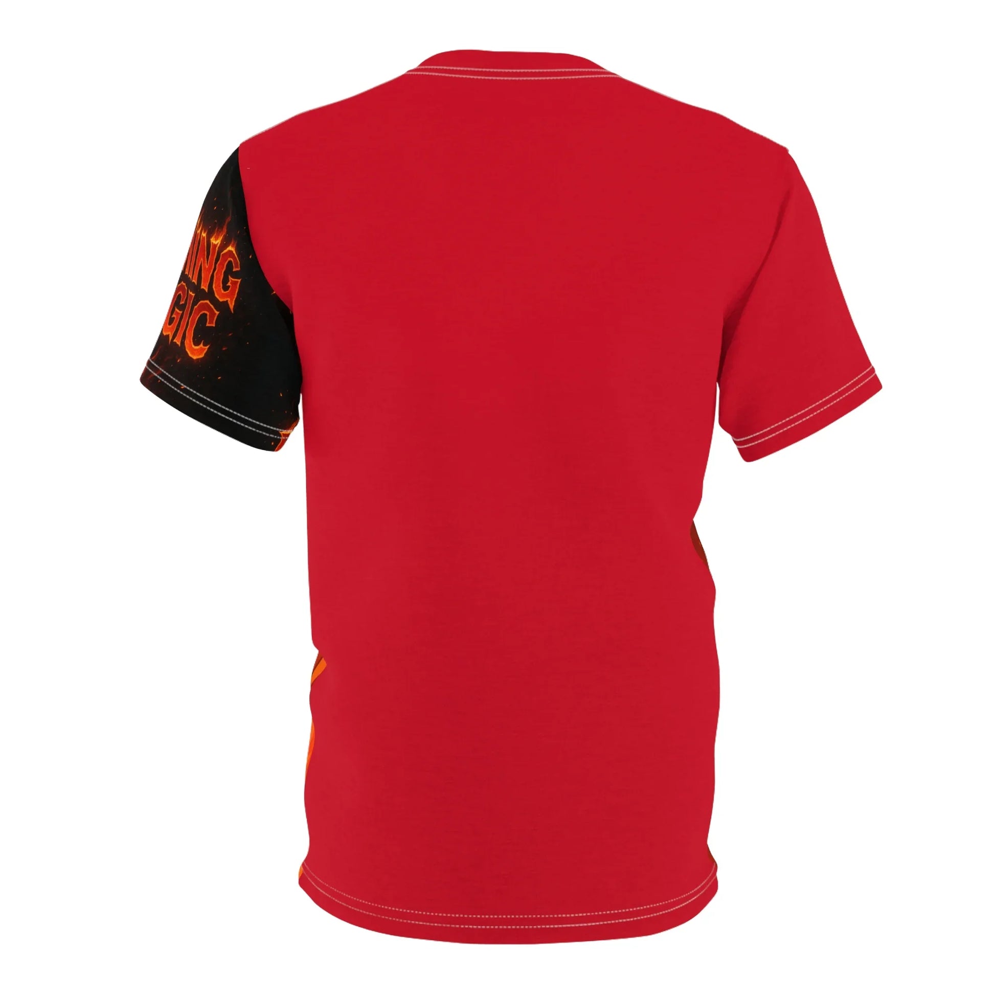 Back of a red t-shirt with a fiery sleeve design.